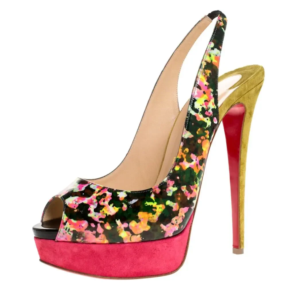 Christian Louboutin Lady Peep Sling 150 Floral Patent Platform Pumps 39.5 NIB
